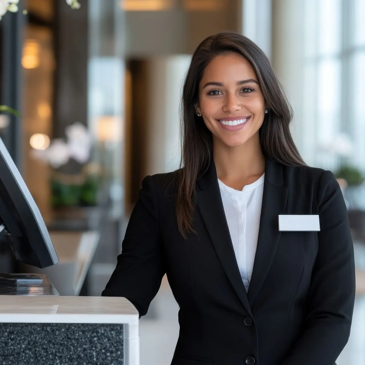 Business owner smiling while using AI receptionist service" "Voice assistant scheduling appointment on calendar"